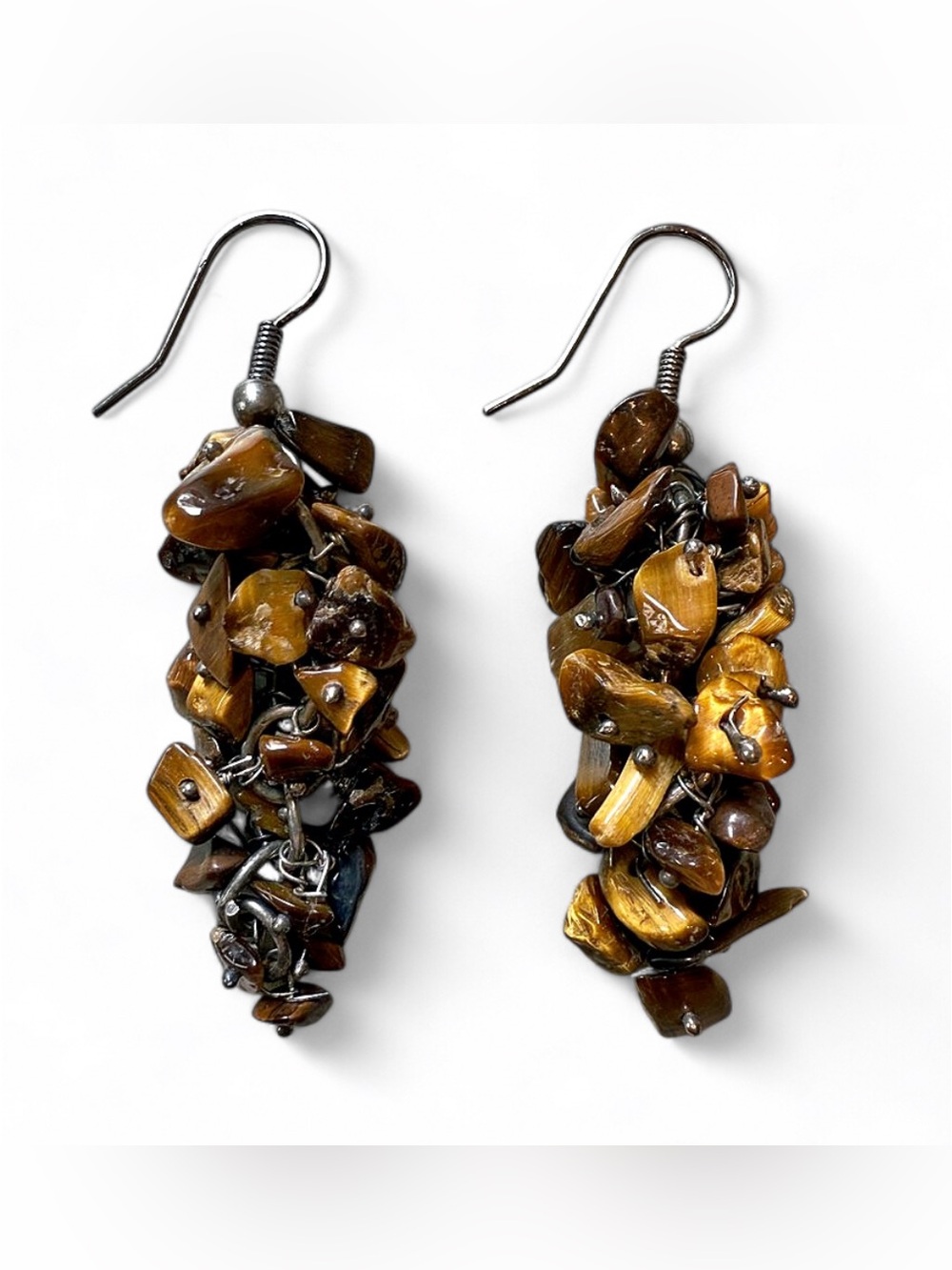 Tigers Eye Chip Beads Dangle Pierced Earrings Brown Silver tone 2” French Hooks